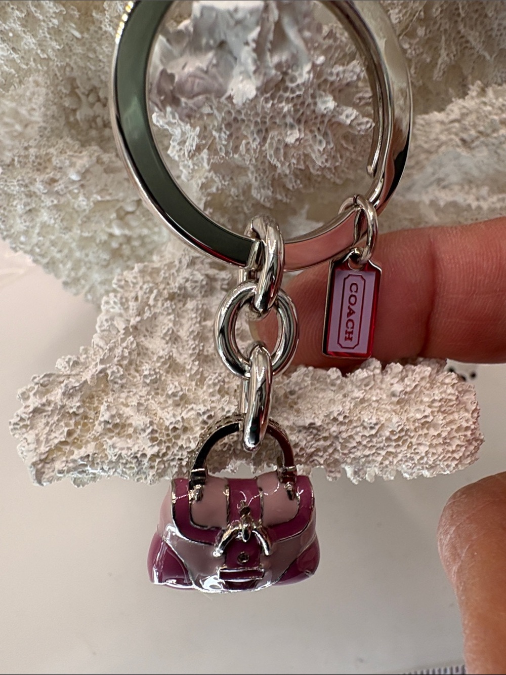 Coach Pink Enamel Mini Satchel Keyring with Silver Hardware